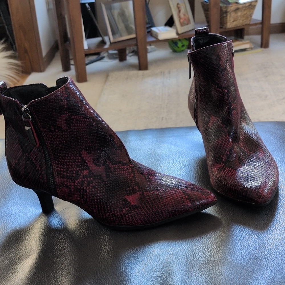 Anne Klein Red Velvet Ankle Boots with Pointed Toe